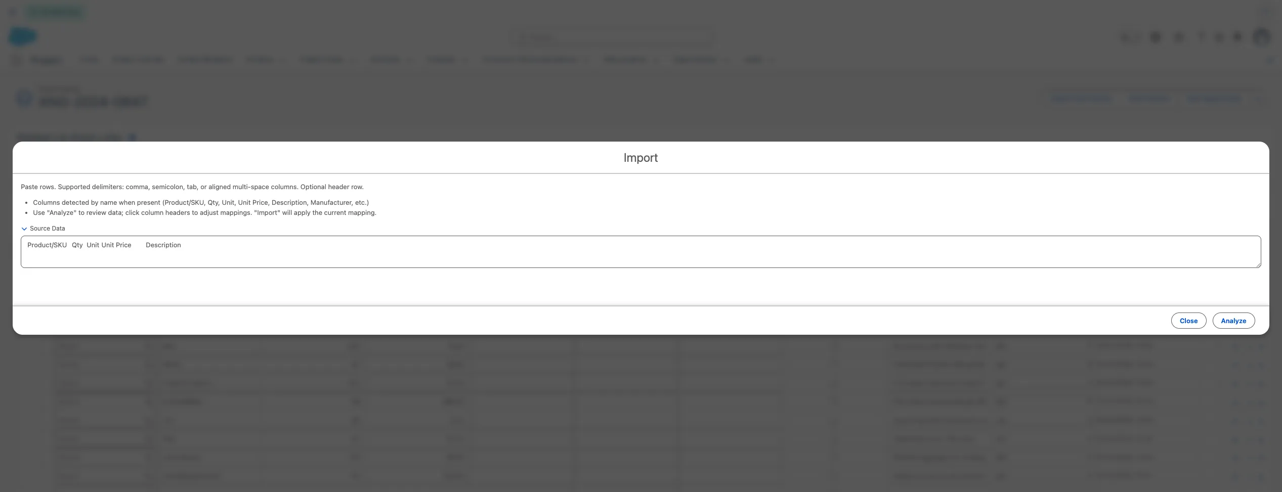 Opening More Actions → Import on the Quote Line Editor