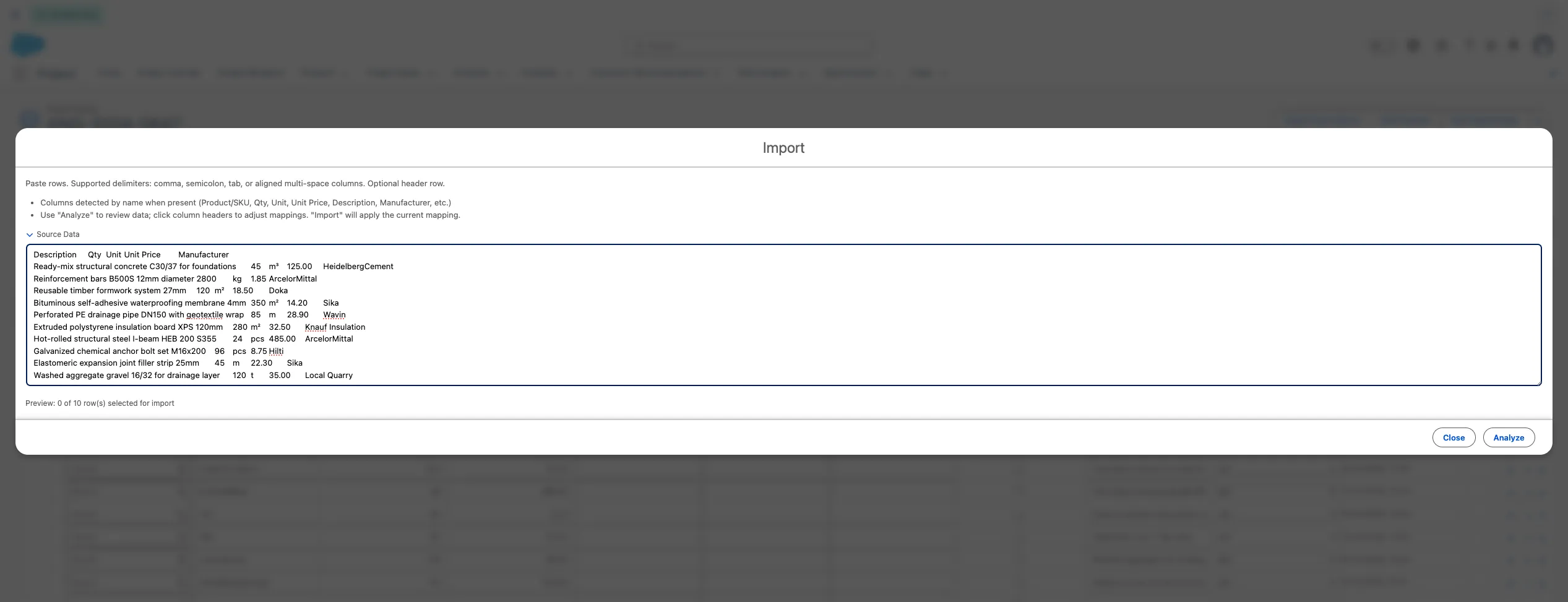Pasting the source data to import