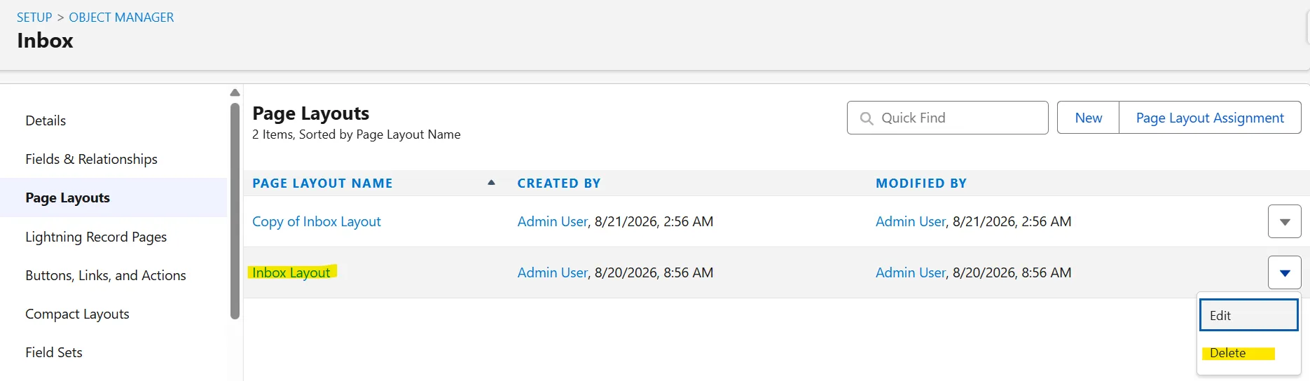 Selecting the new copy when prompted to replace the deleted layout